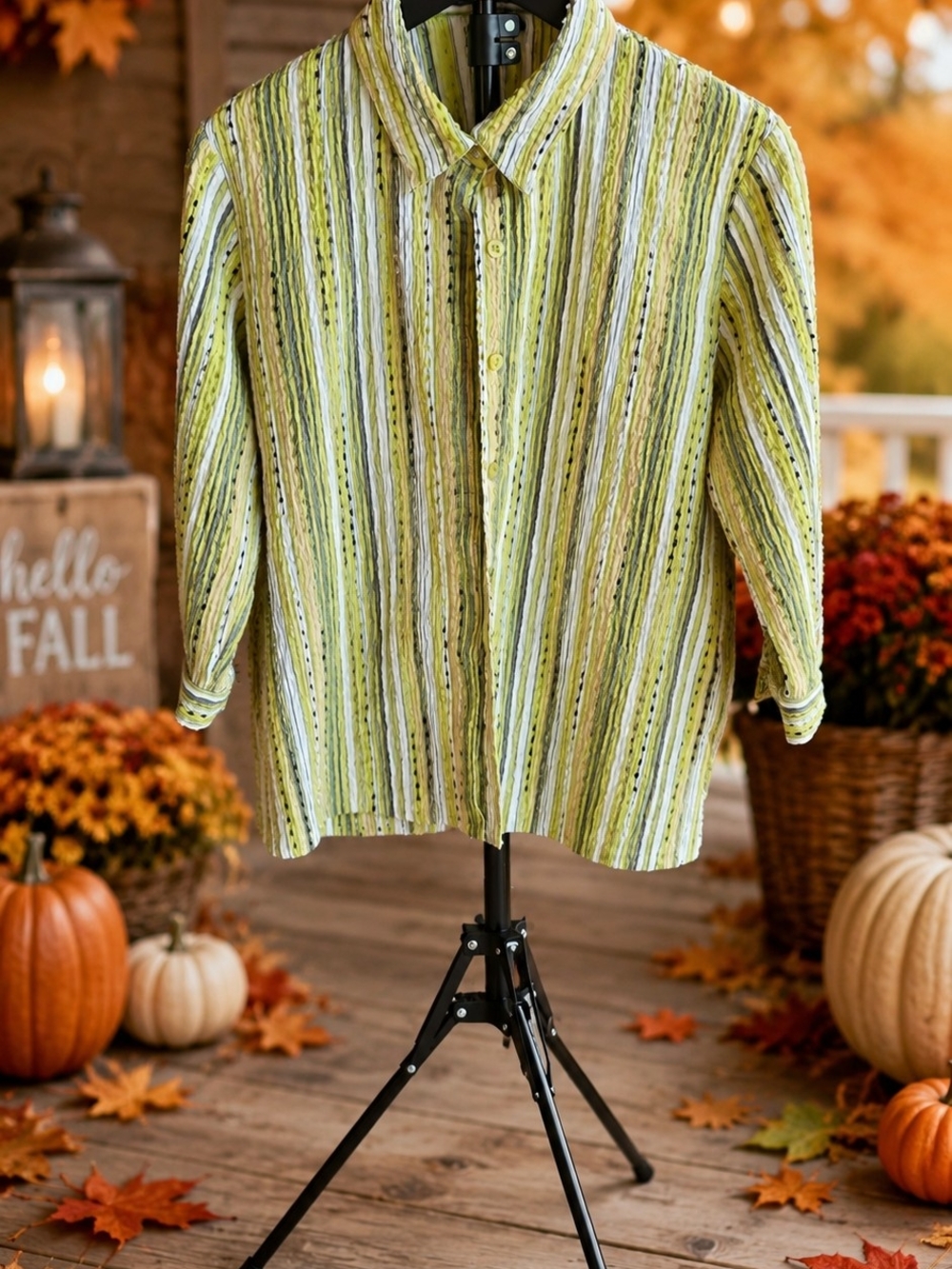 breckenridge Lime Green Striped Casual Button-Down Shirt